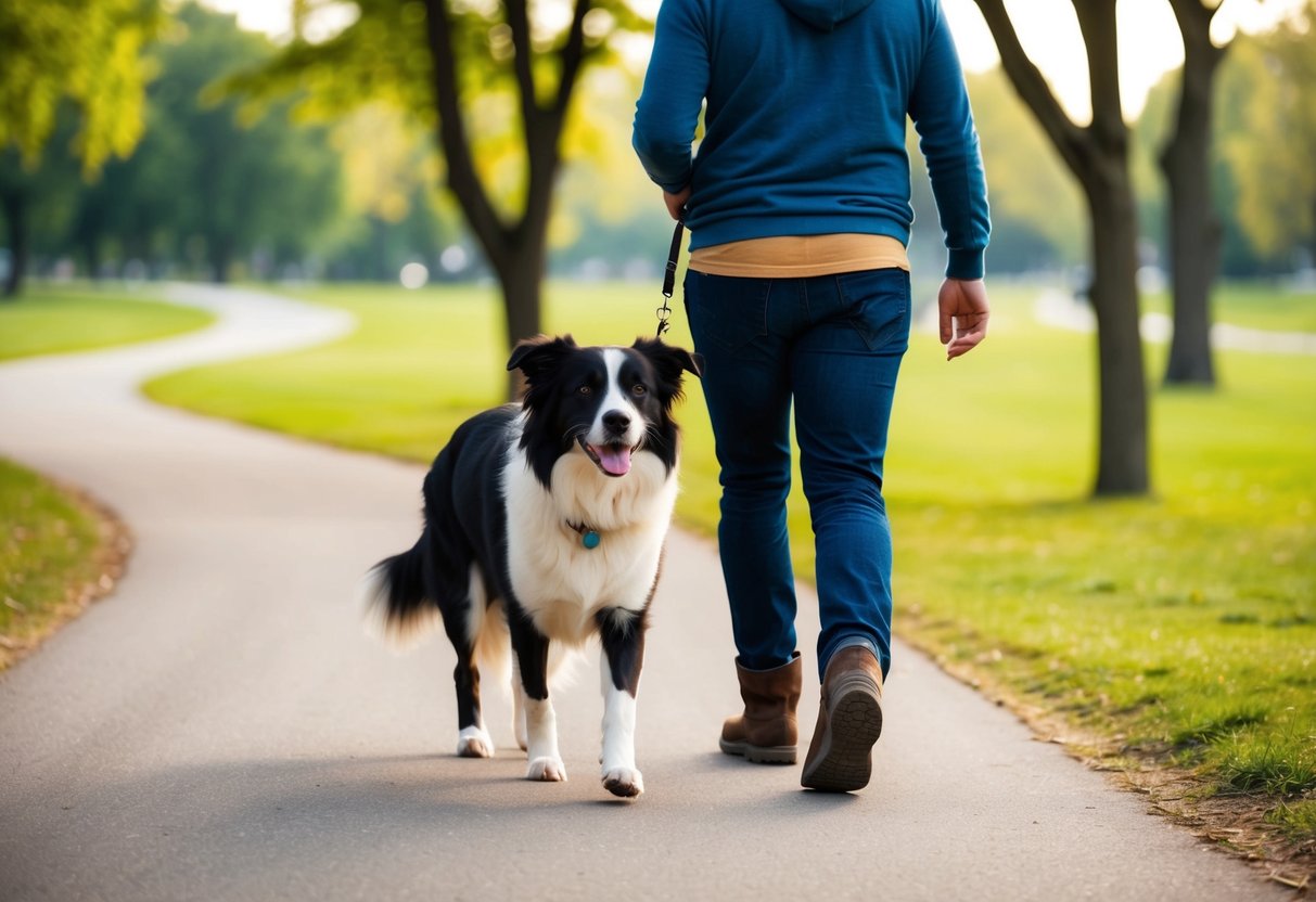 A border collie happily walks alongside its owner through a scenic park, with trees and a winding path in the background