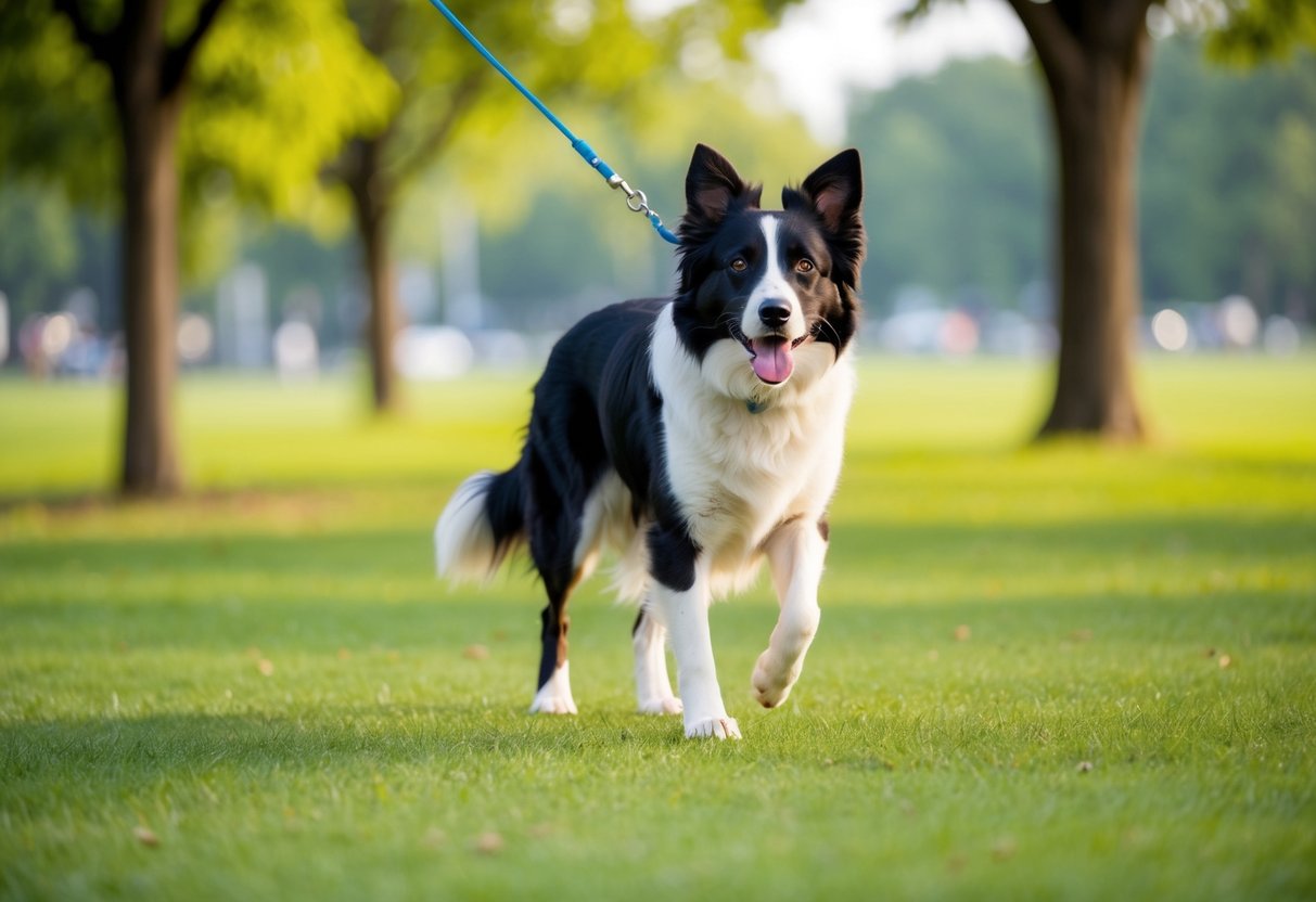 A border collie walking on a leash in a green park, surrounded by trees and open space