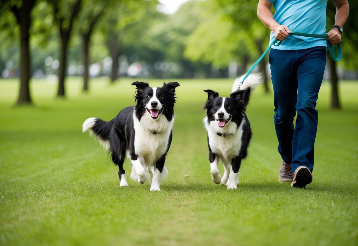 A border collie eagerly leads its owner on a long, winding walk through a lush, green park, their tails wagging happily as they enjoy their daily exercise routine