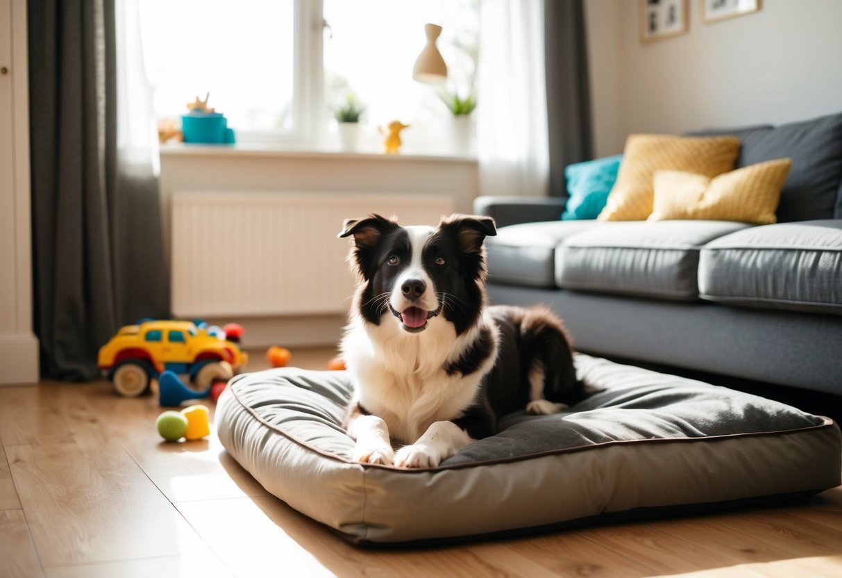 A border collie lounges contentedly inside a cozy living room, surrounded by toys and a comfortable bed, as sunlight streams in through the window