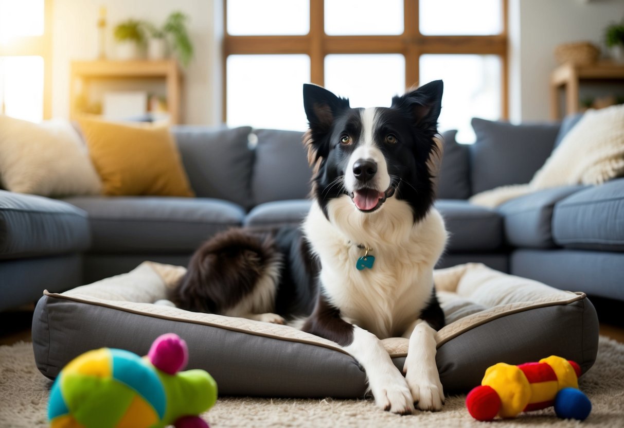 A Border Collie sits calmly inside a cozy living room, surrounded by toys and a comfortable bed. The dog looks content and relaxed, showing that Border Collies can indeed be indoor dogs