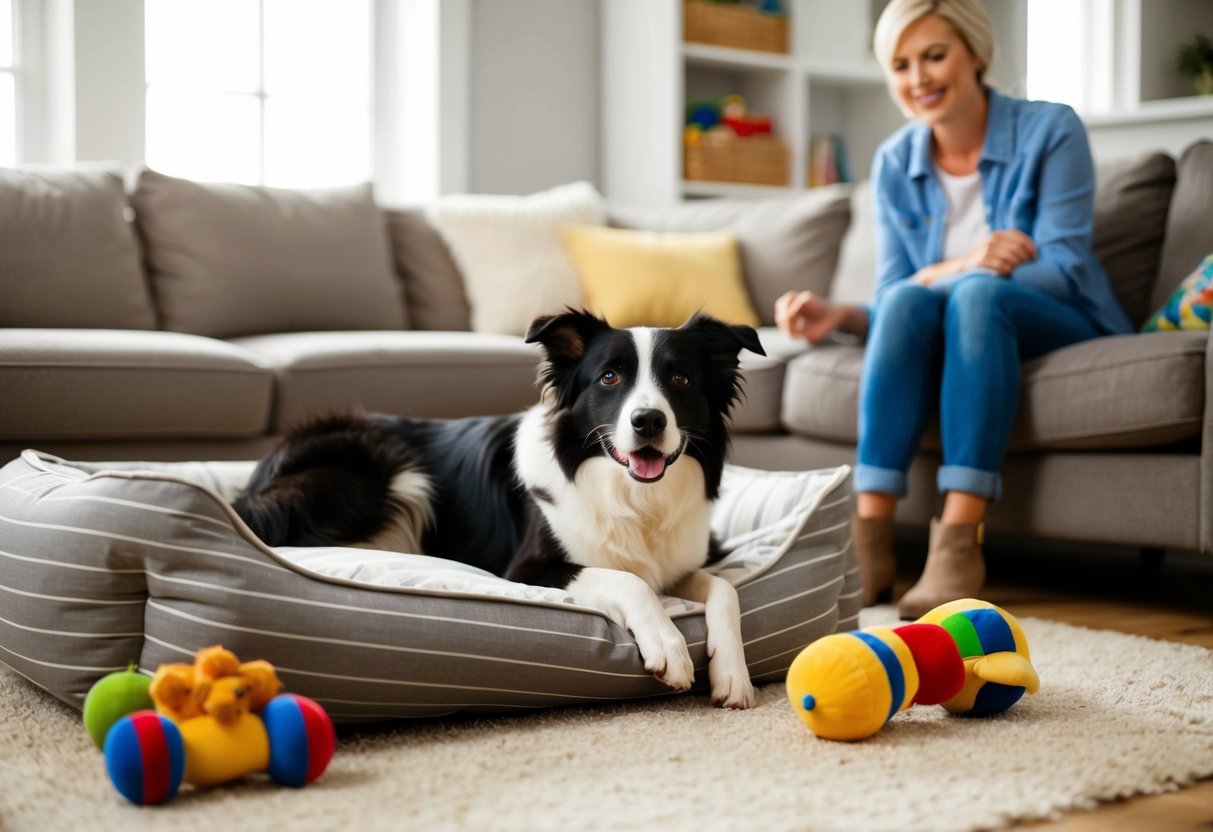 A border collie lounges contentedly inside a cozy living room, surrounded by toys and a comfortable bed, while its owner looks on with a smile