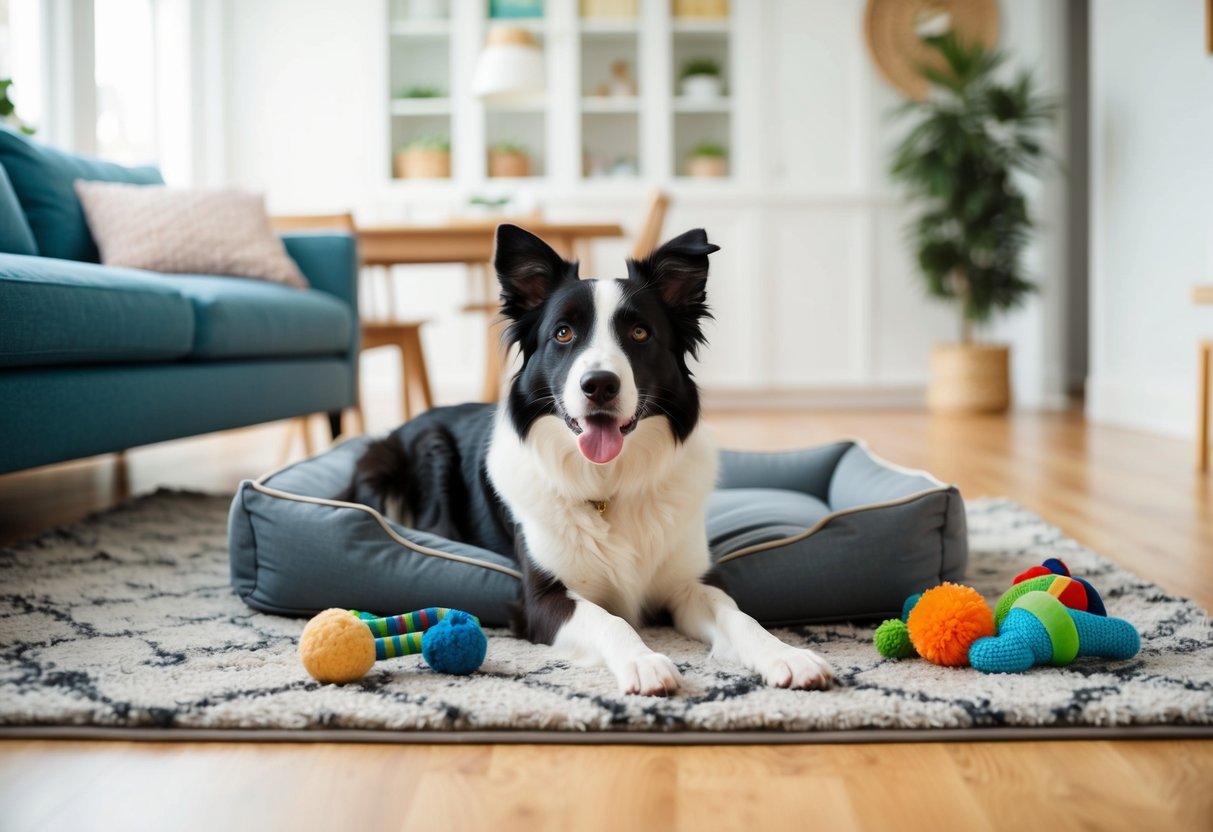 A Border Collie lying on a cozy rug inside a bright, spacious living room, surrounded by toys and a comfortable dog bed