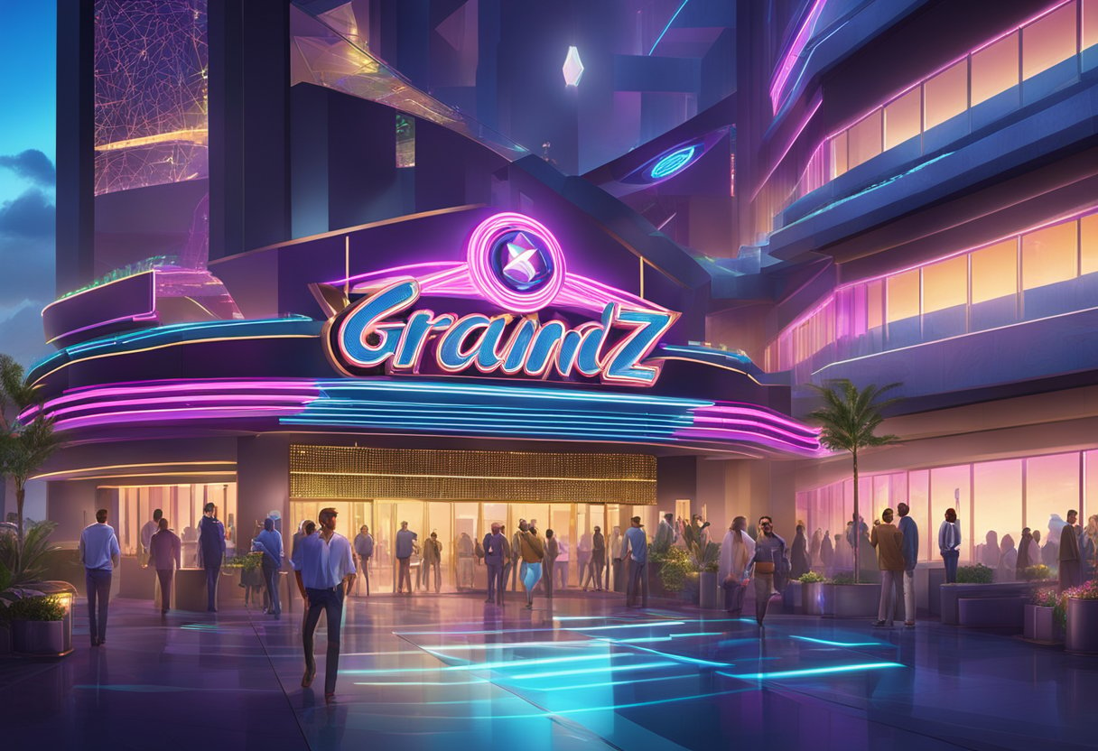 The grand entrance of Freespinz Casino, adorned with glitzy neon lights and a towering logo, beckons visitors with an air of opulence and excitement