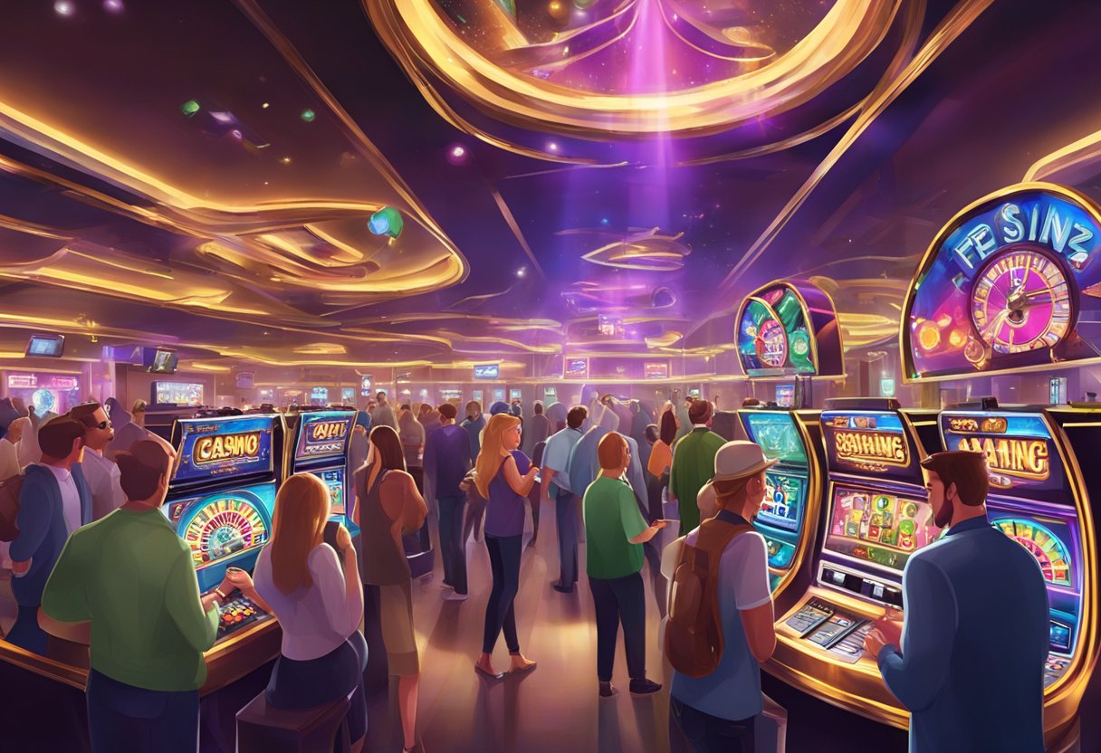 A vibrant casino interior with flashing slot machines and a bustling crowd of patrons enjoying the gaming experience at FreeSpinz Casino