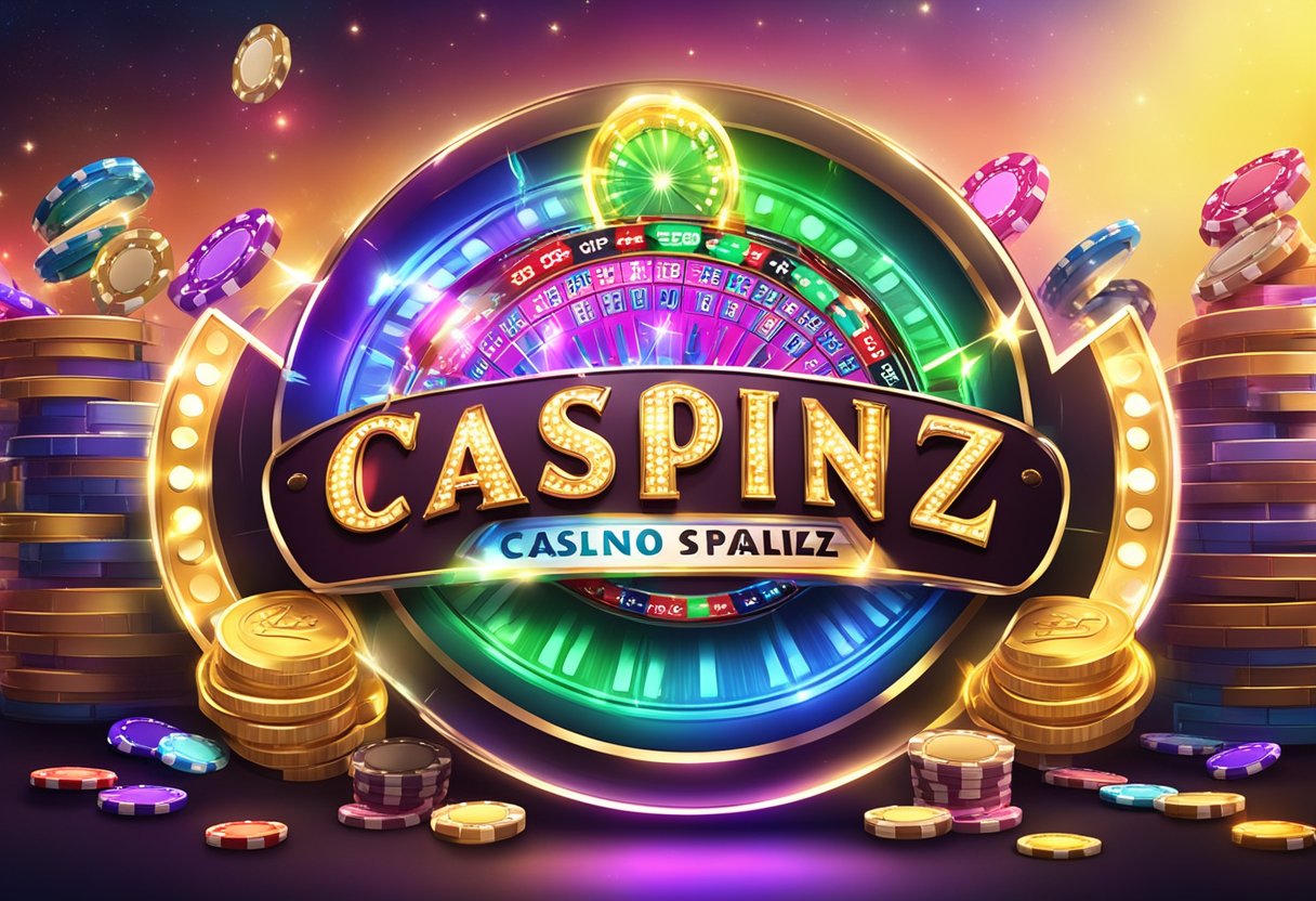 A large, colorful casino logo with the words "freespinz casino" displayed prominently, surrounded by flashing lights and stacks of casino chips