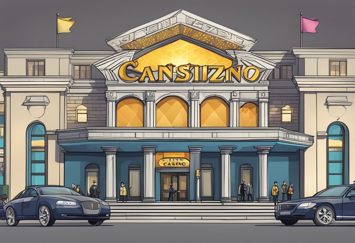 A grand casino building with a prominent "freespinz" sign, surrounded by security guards and displaying a "Fairness Policy" plaque