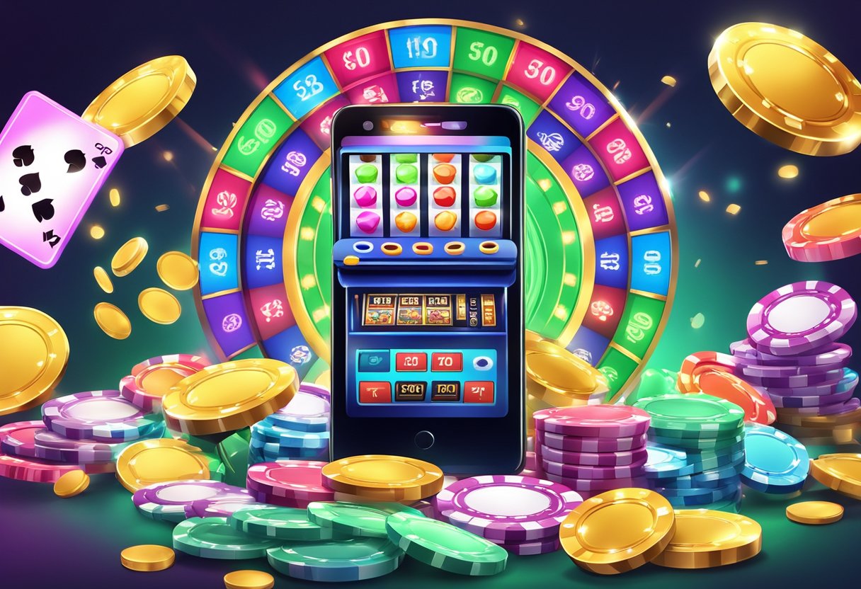 A colorful mobile phone with a spinning slot machine on the screen, surrounded by casino chips and a stack of cash