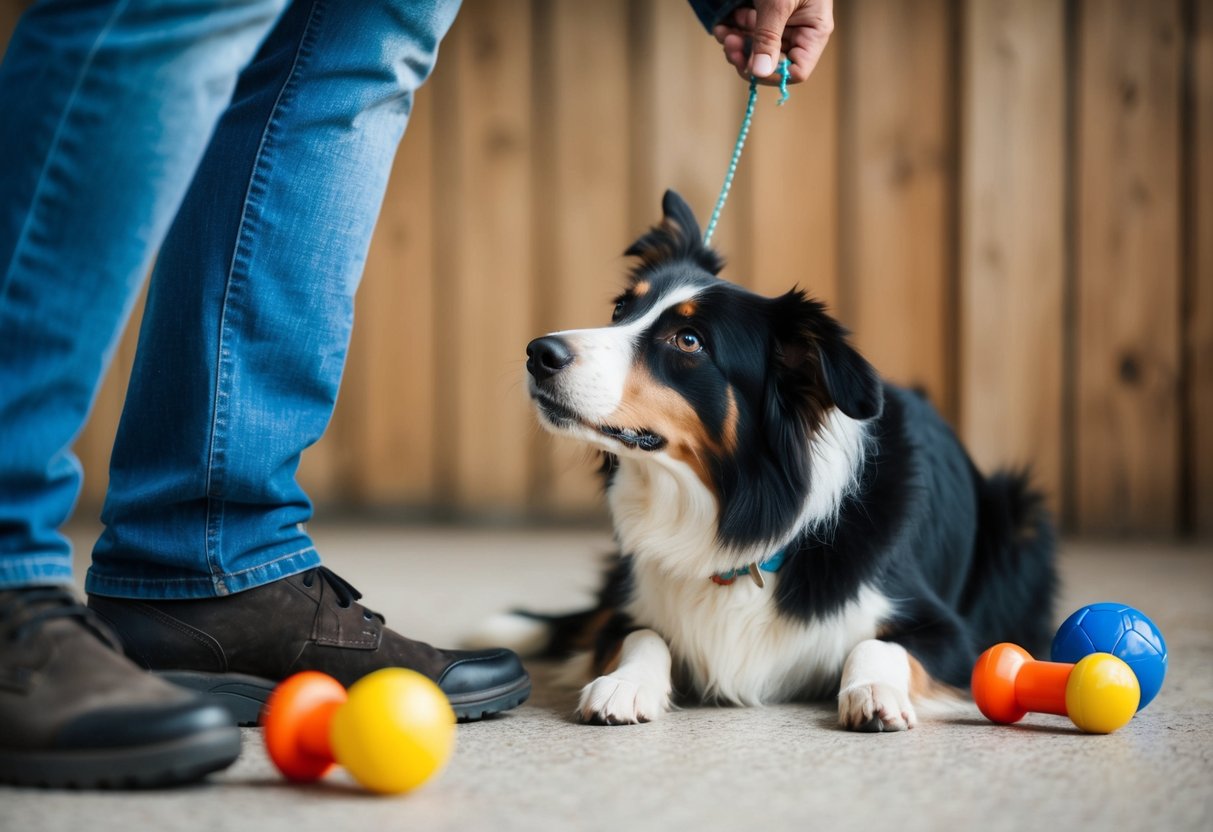 A border collie nuzzles its owner's leg, looking up with pleading eyes. Toys are scattered around, untouched