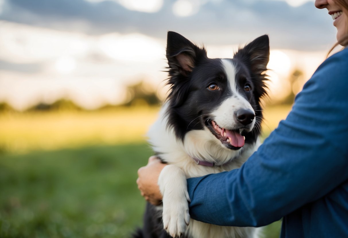A border collie is being gently held in someone's arms, with its tail wagging and a happy expression on its face