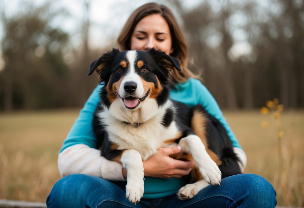 A Border Collie sitting calmly in someone's arms, looking content and relaxed