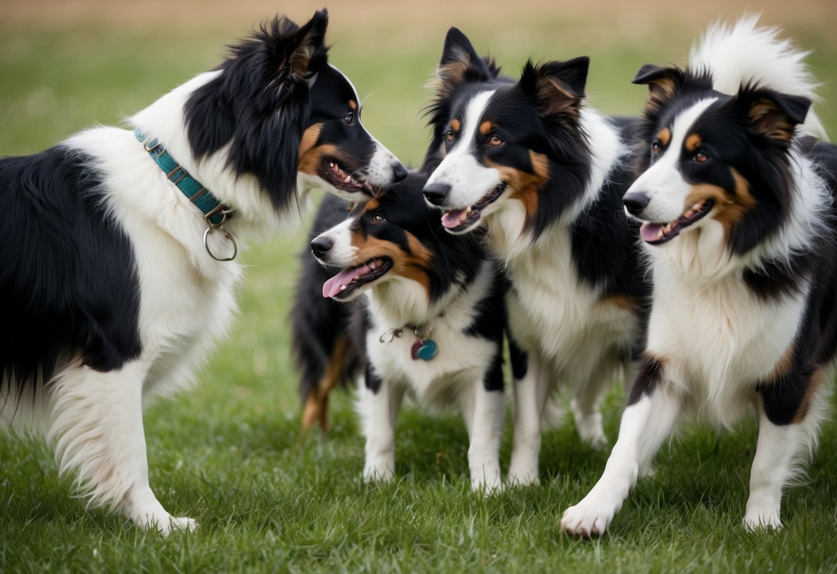 A border collie nuzzles against another dog, their noses touching, while a group of collies play together in a grassy field