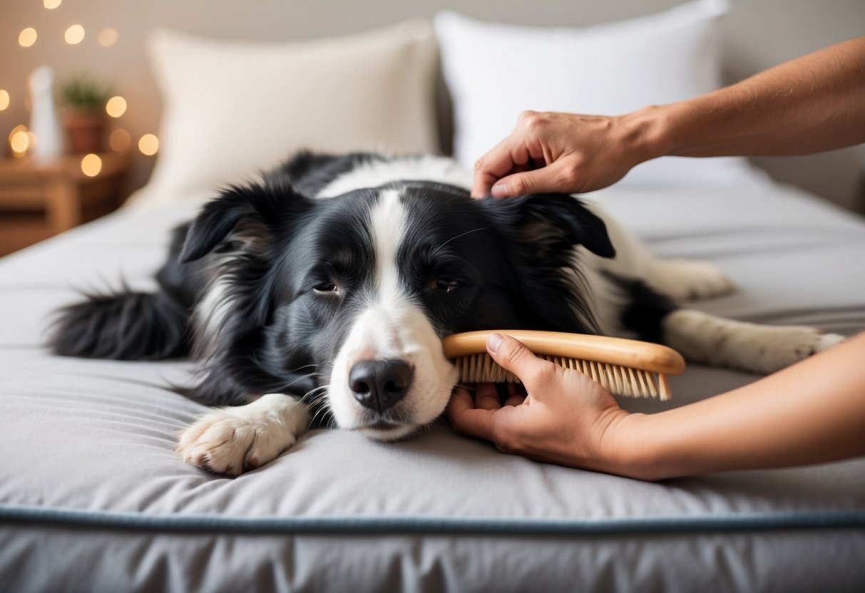 A border collie lying on a soft bed, being gently brushed by its owner. The dog's eyes are closed, and it looks content and relaxed
