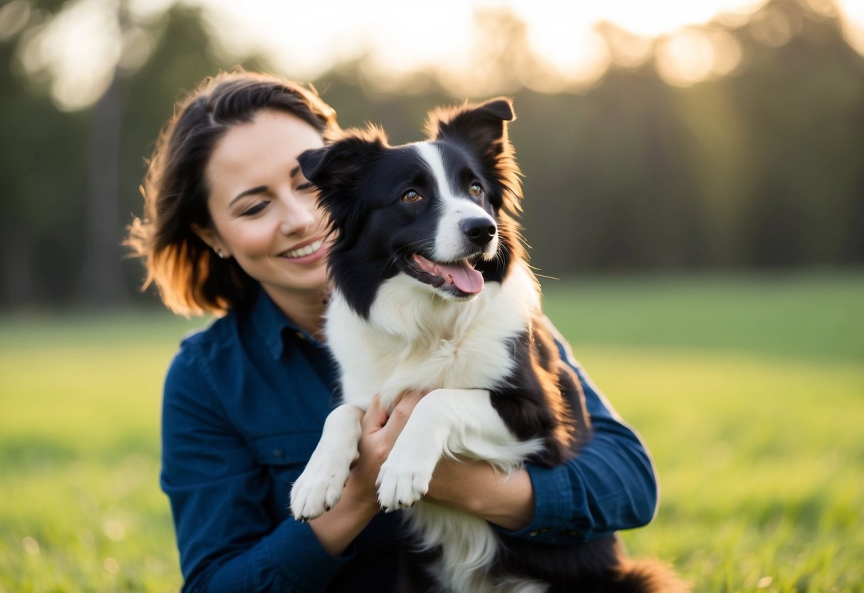 A border collie being gently held by its owner, wagging its tail and looking content