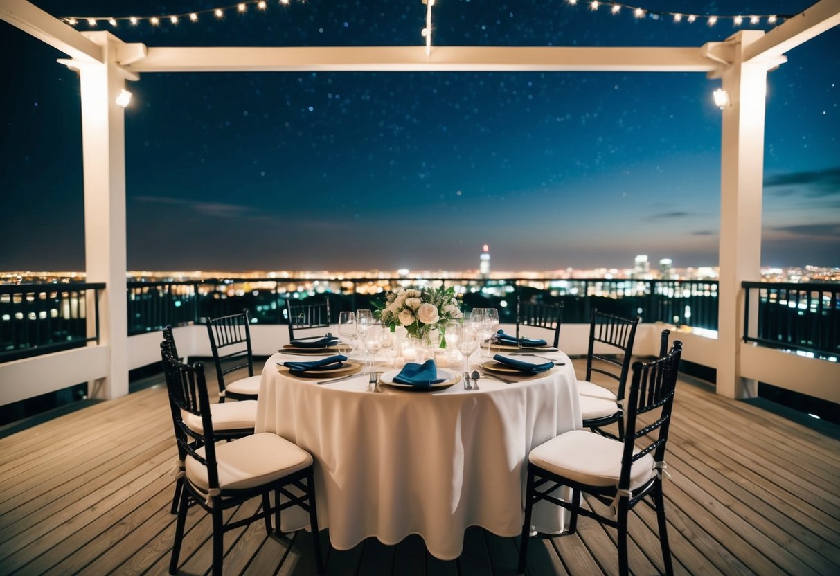 A table set with elegant dinnerware on an open-air platform, surrounded by twinkling city lights and a starry night sky