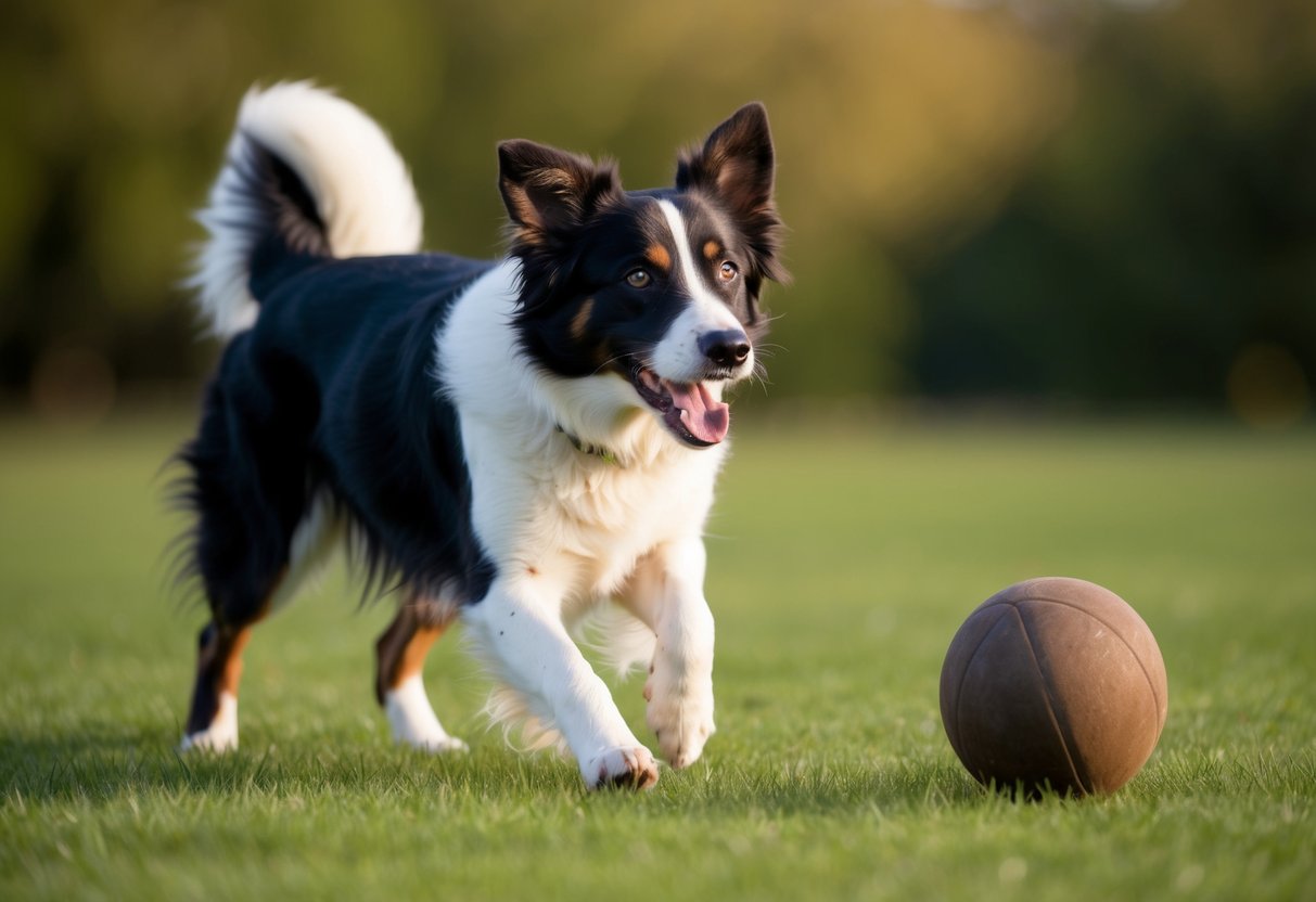 A Border Collie eagerly fetches a ball, tail wagging and eyes focused, ready to play
