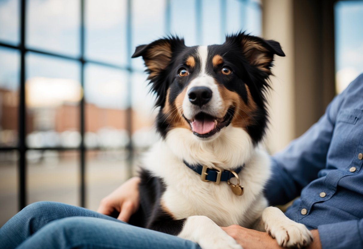 A border collie sits on a person's lap, looking up with hopeful eyes
