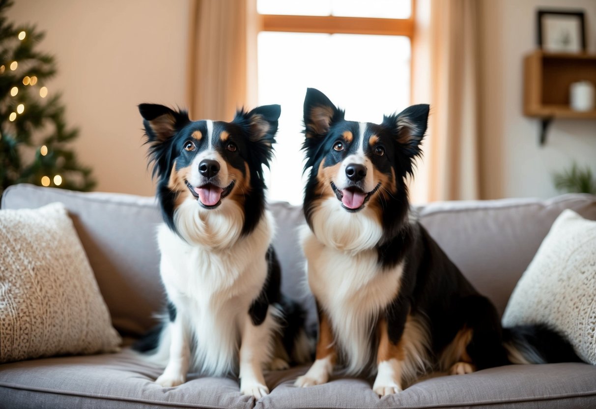 Two border collies sit on a cozy lap, their fur neatly groomed. They look up with bright, alert eyes, enjoying the warmth and affection