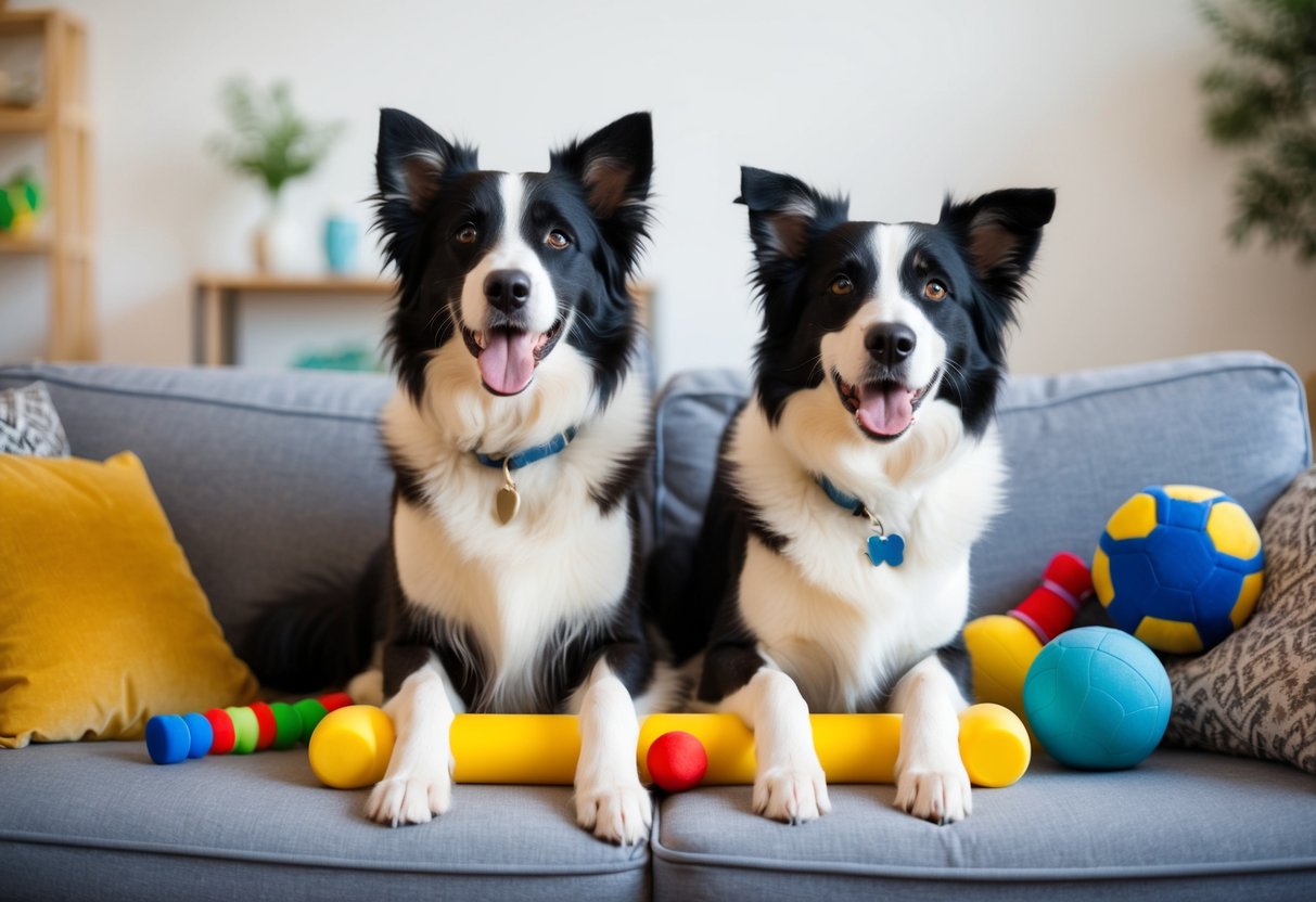 Two border collies sit on a cozy couch, eagerly awaiting their owner's return. They are surrounded by toys and training equipment, indicating their active lifestyle