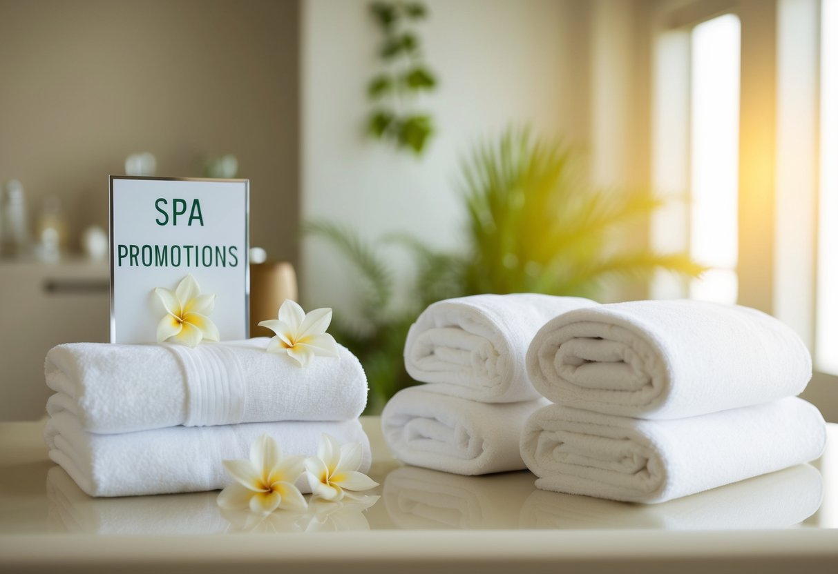A serene spa setting with a tranquil atmosphere, featuring luxurious amenities and a sign promoting spa promotions