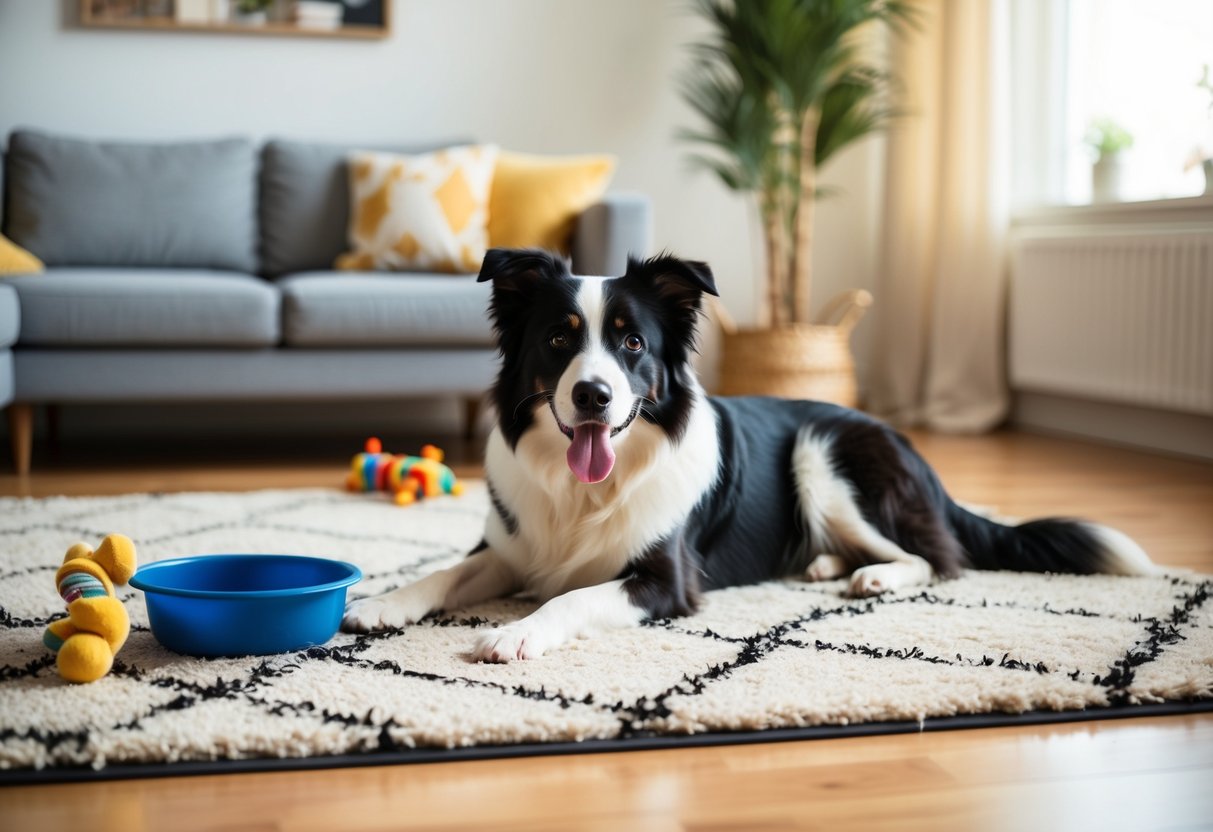 A border collie lounges on a cozy rug inside a sunlit living room, surrounded by toys and a water bowl