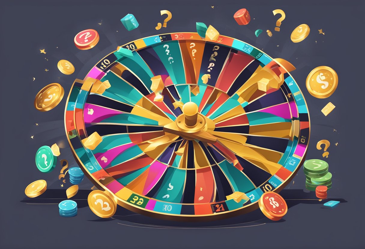 A spinning wheel surrounded by question marks and casino-themed symbols