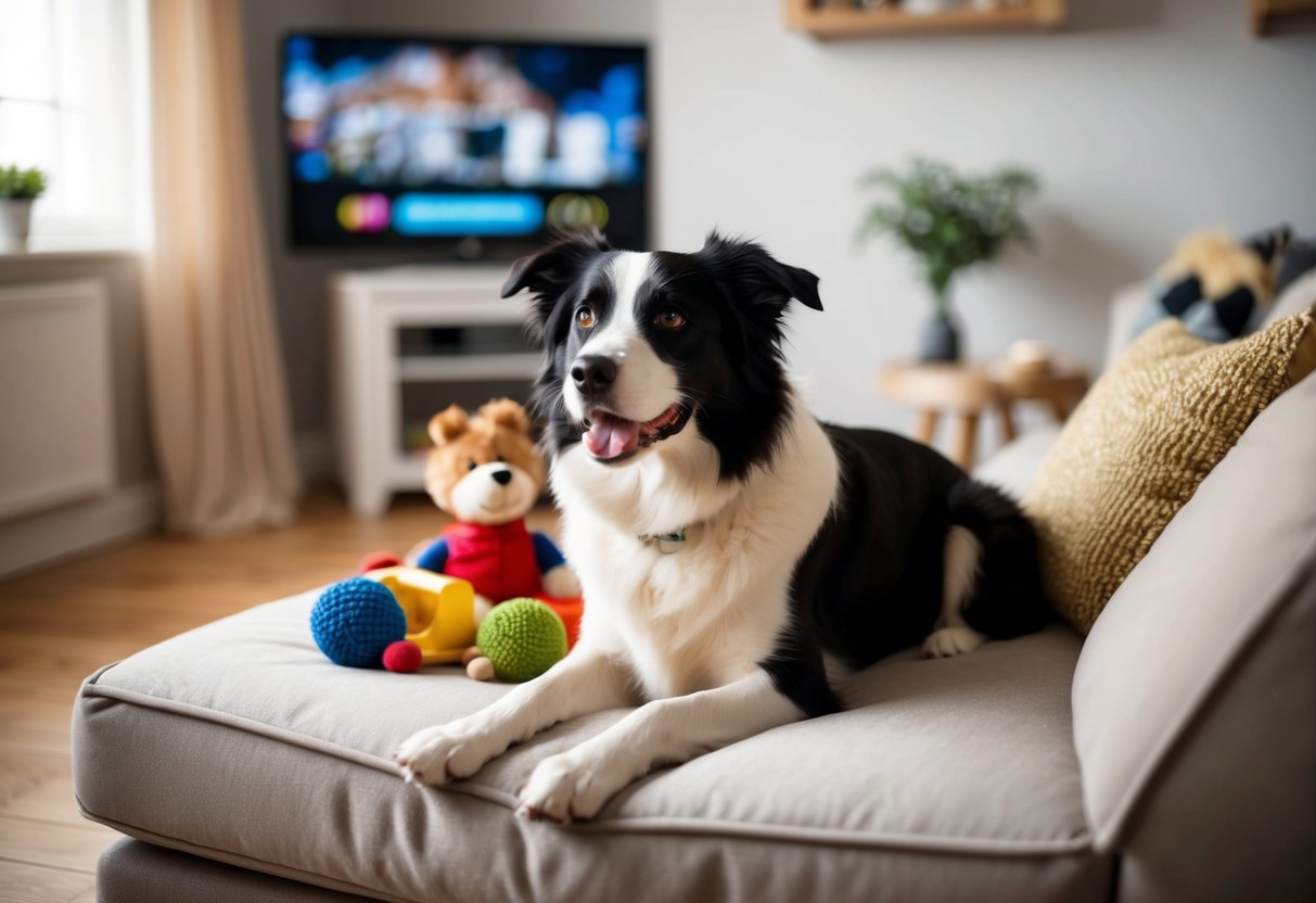 A Border Collie sits contentedly inside a cozy living room, surrounded by toys and a comfortable bed, while its owner watches TV