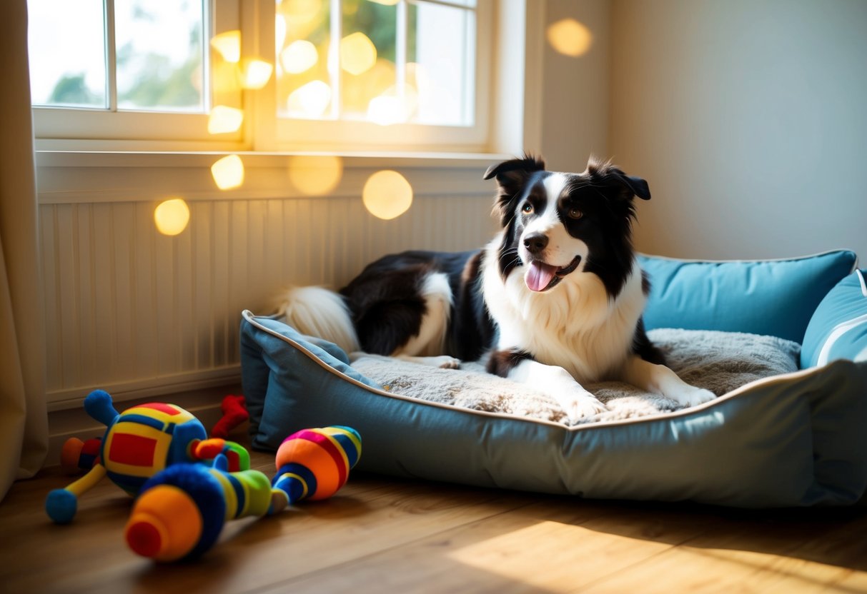 A cozy indoor scene with a Border Collie lounging by a sunlit window, surrounded by toys and a comfortable bed