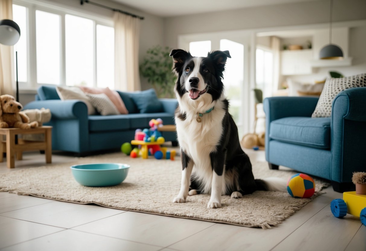 A border collie sits contentedly inside a spacious, well-lit living room, surrounded by toys and comfortable furnishings. A bowl of fresh water and a cozy bed are nearby
