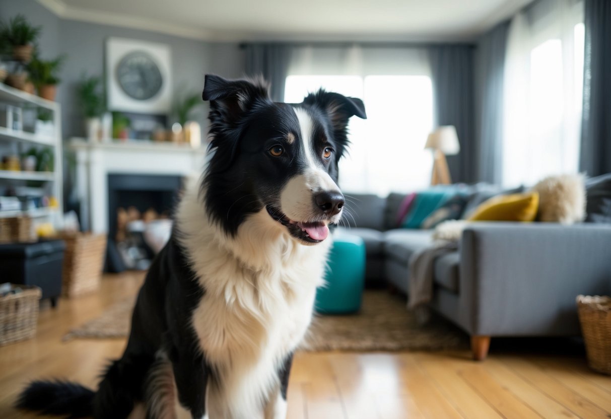 A border collie ignores its owner's commands in a cluttered, chaotic living room filled with distractions and lack of structure