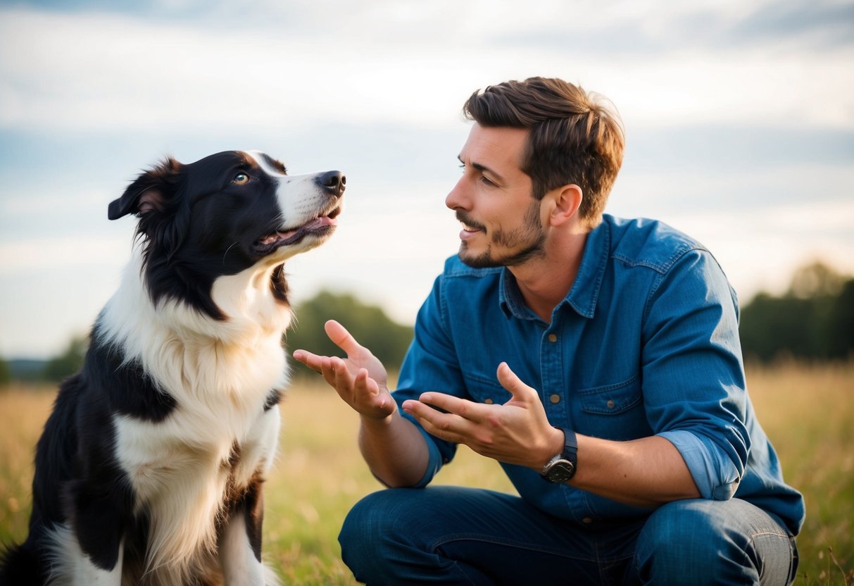 A border collie sits with its head tilted, looking up at its owner with a quizzical expression. The owner gestures and speaks to the dog, trying to communicate and build trust