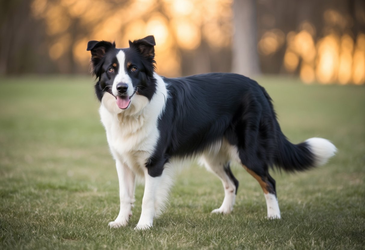 A border collie stands calmly, ears alert, tail relaxed. Its body language is open and friendly, showing no signs of aggression