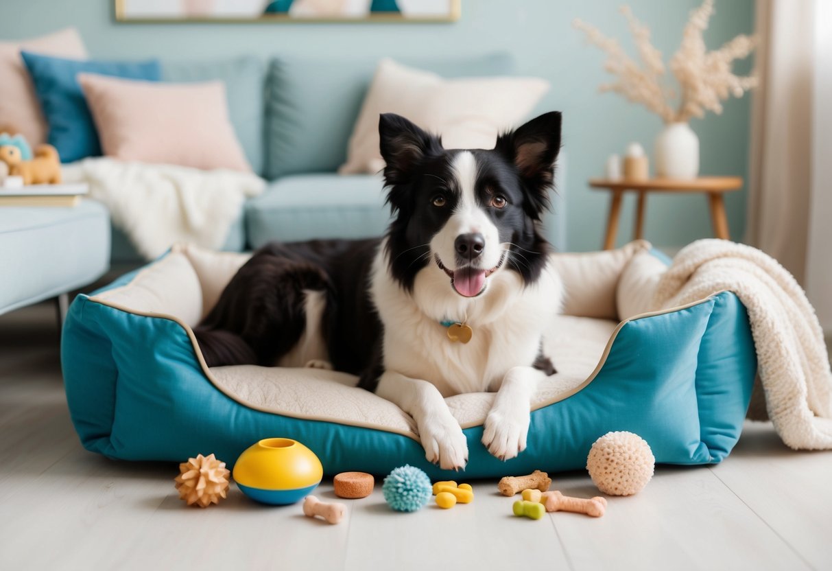 A calm border collie surrounded by toys, treats, and a comfortable bed in a peaceful, well-lit room with soft colors and soothing decor