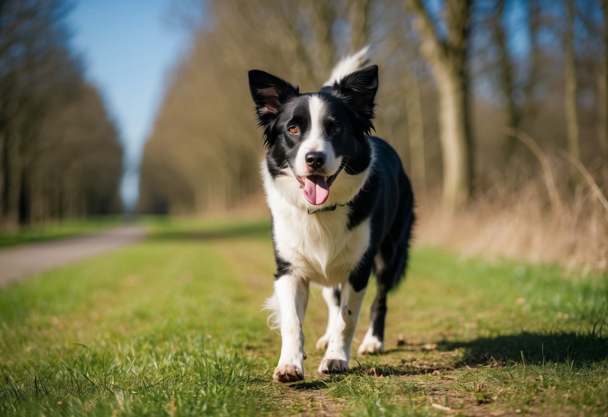 A 4-month-old border collie walks on a grassy path, surrounded by trees and a clear blue sky