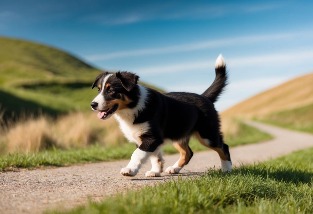 A 4-month-old Border Collie walks on a grassy path, surrounded by rolling hills and a clear blue sky. The puppy's tail wags as it explores the open space