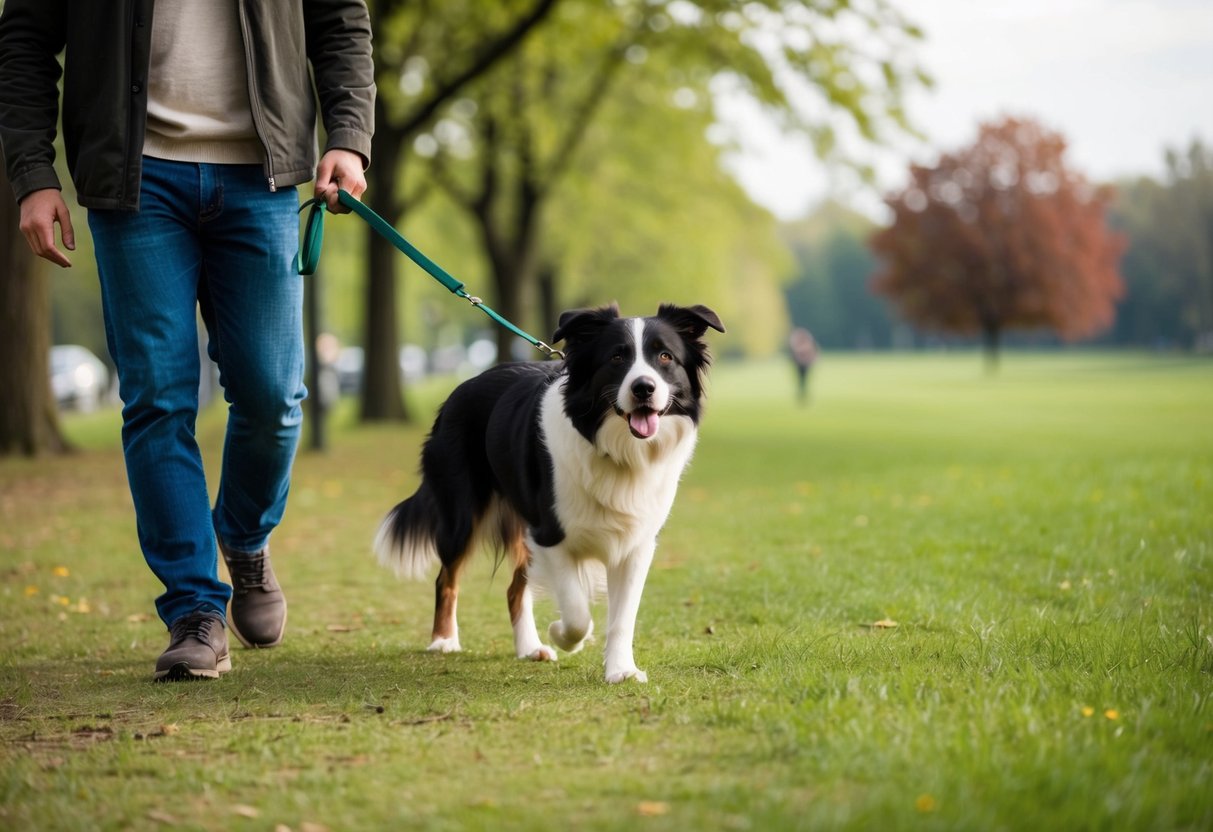 A 4-month-old border collie walks on a leash beside a person in a park, surrounded by trees and grassy fields