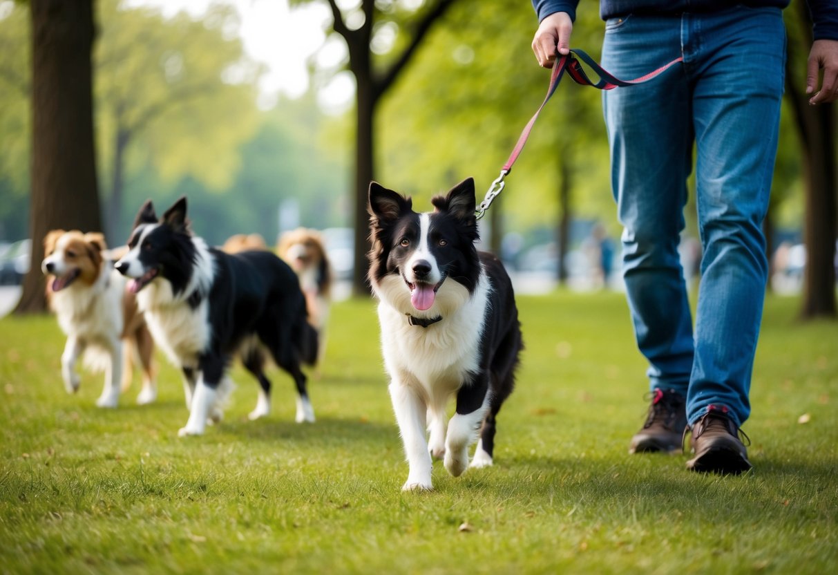 A 4-month-old border collie walks on a leash beside its owner in a park, surrounded by trees and other dogs