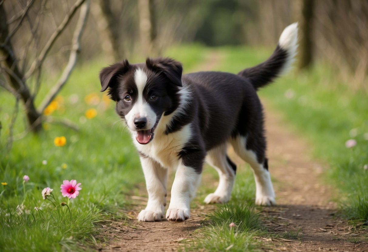 A 4-month-old Border Collie walks on a grassy path, surrounded by trees and flowers. The puppy's tail wags as it explores the natural surroundings, eager and full of energy