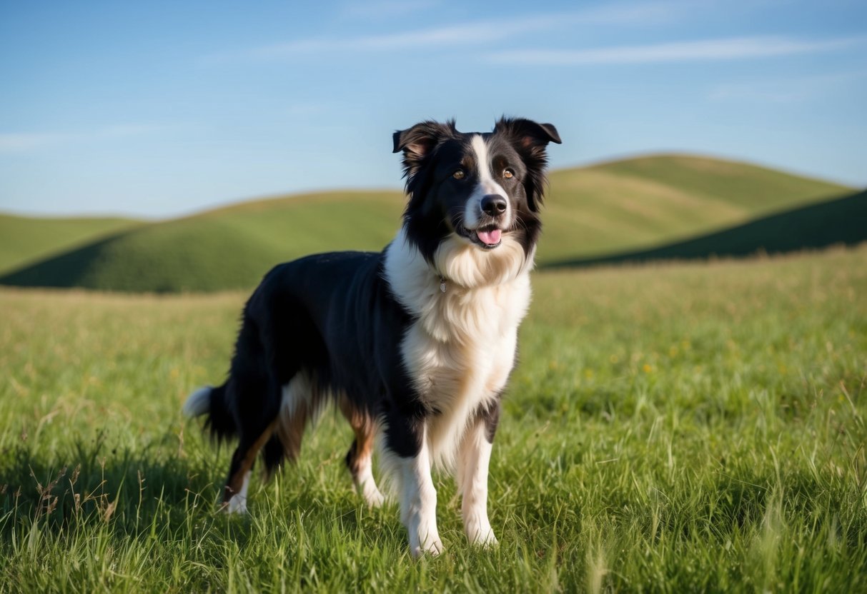 A border collie stands alert in a grassy field, surrounded by rolling hills and a clear blue sky. The dog looks focused and determined, with its tail wagging slightly
