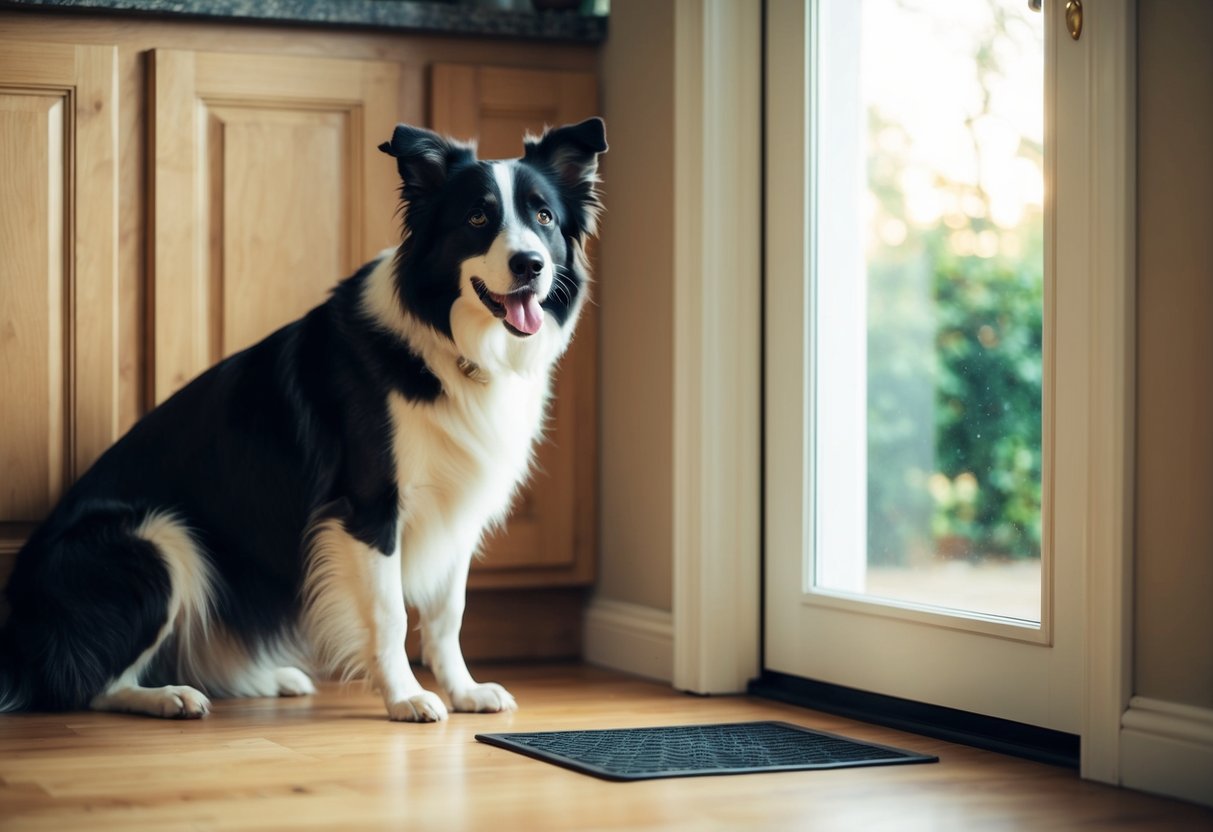 A border collie waits patiently by the door, signaling a need to relieve itself after holding it for several hours