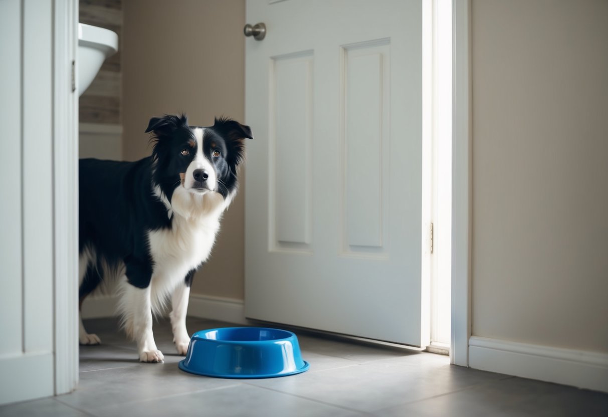 A border collie stands by a closed bathroom door, looking anxious, with a full water bowl nearby