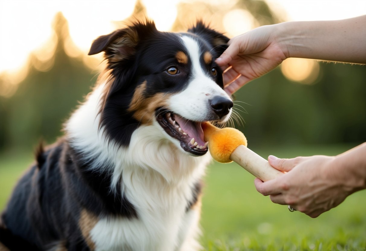 A border collie being gently redirected from biting a toy or chew bone