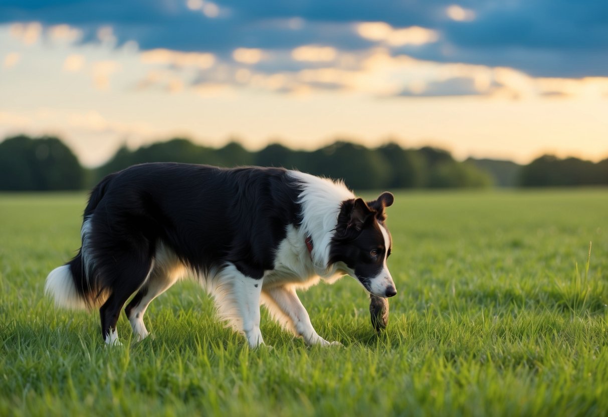 A border collie pooping in a grassy field, with a sunny sky and a few scattered clouds overhead