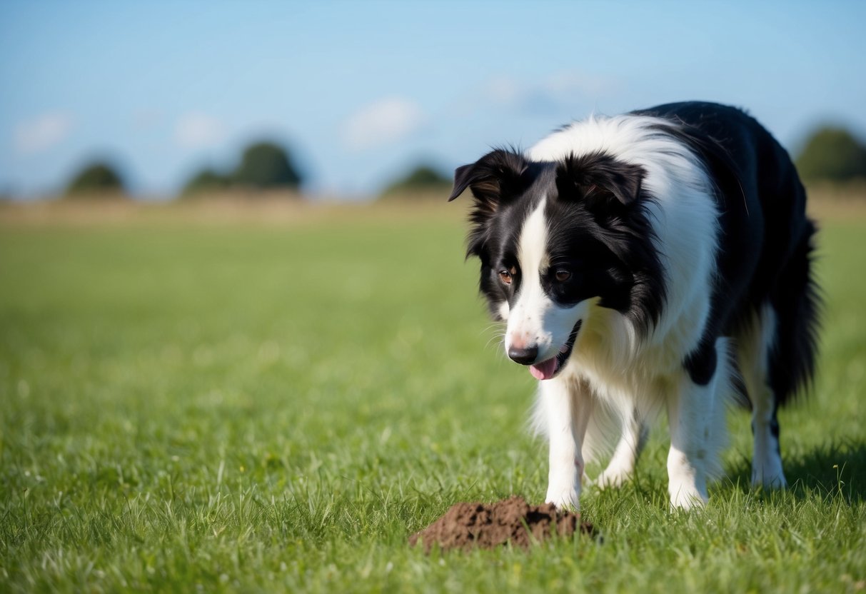 A border collie pooping in a grassy field, with a clear blue sky in the background