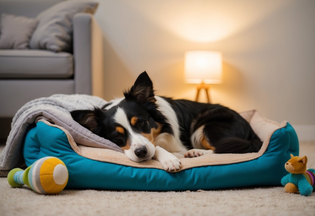 A Border Collie peacefully sleeping on a cozy dog bed, surrounded by soft blankets and toys, with a gentle night light glowing in the background