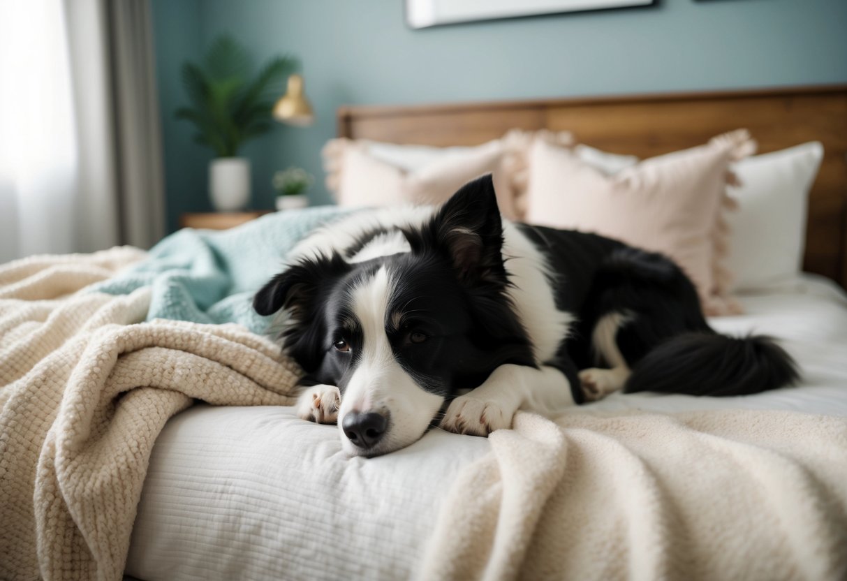 A border collie sleeps peacefully on a cozy bed next to their owner, both surrounded by calming elements like soft blankets and soothing colors