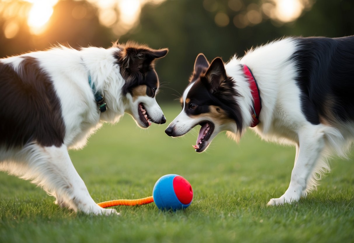 A border collie baring its teeth and growling at another dog over a toy