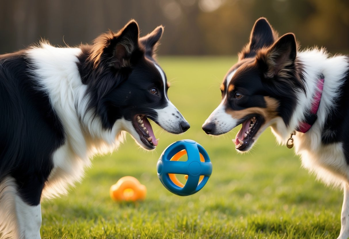 A border collie baring its teeth and growling at another dog over a toy