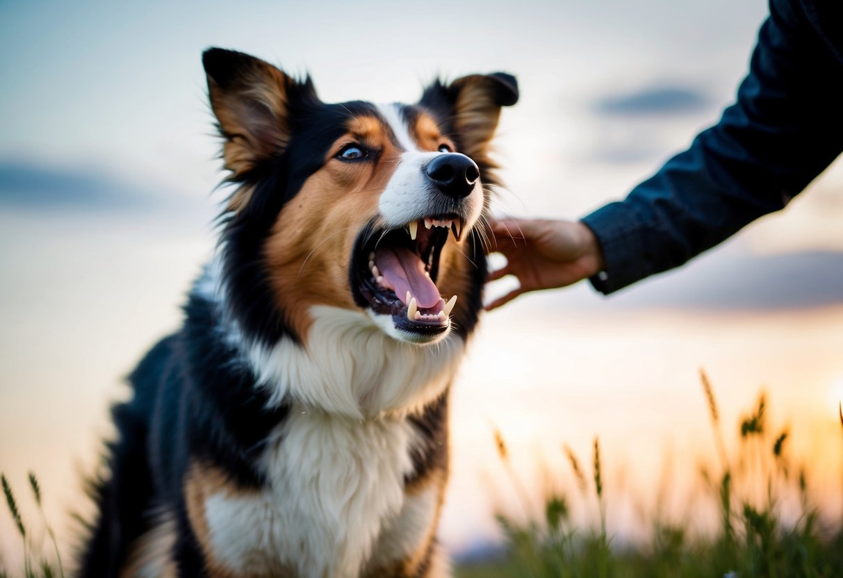 A collie snarls, baring its teeth, while a person reaches out cautiously