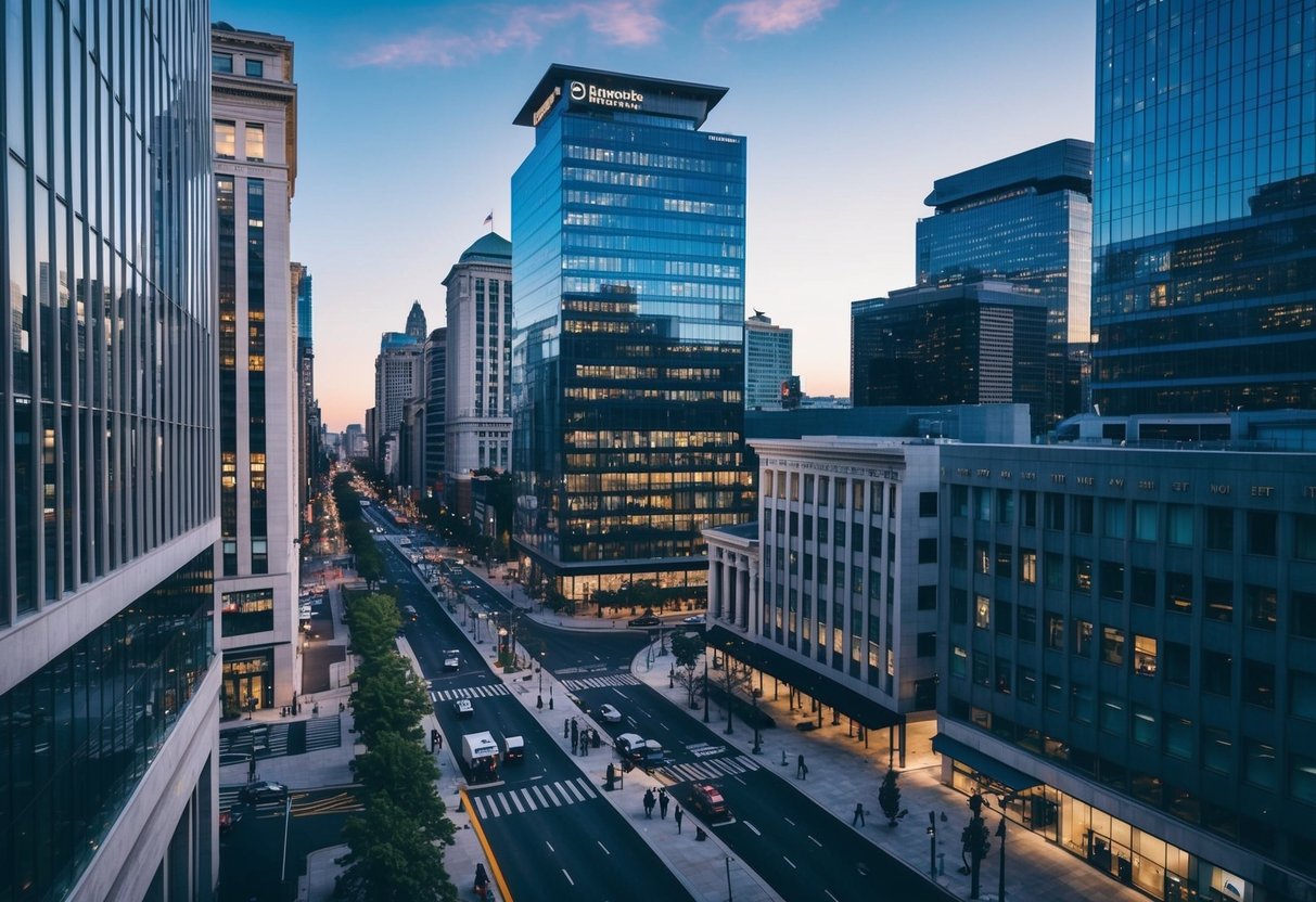 Une rue animée de la ville avec des bâtiments modernes et des bureaux gouvernementaux, mettant en lumière un petit bureau de startup au milieu des plus grandes entreprises.